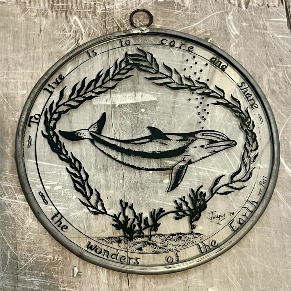 Vintage artist signed stained glass dolphin suncatcher